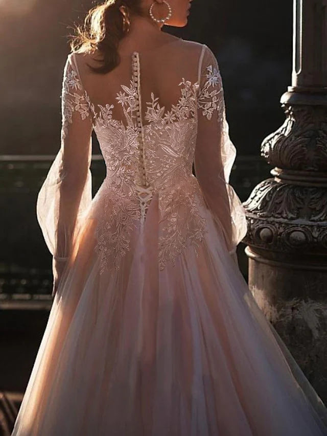 Wholesale A-Line/Princess Illusion Neck Beach Wedding Dress With Embroidery Appliques